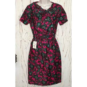 Vintage 50s NWT L'Aiglon Fitted Midi Dress Size XS/S Floral Paisley Pink USA